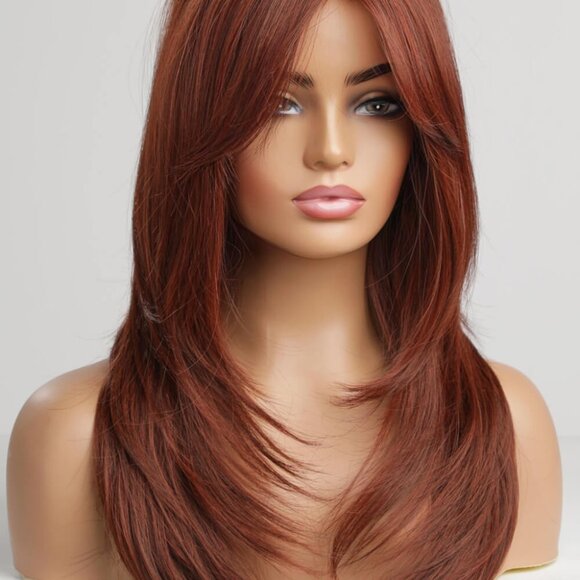 20” Synthetic Wig with Bangs – Heat Safe, Mid-Length Layered Red - Picture 9 of 14
